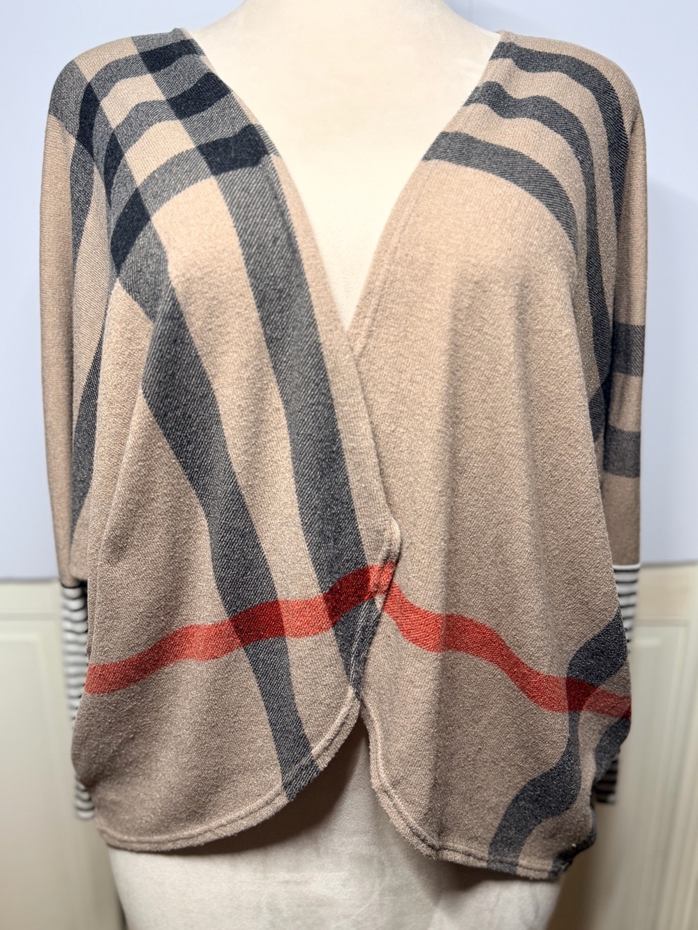 Flamish USA Plaid Draped Open Front Cardigan M Oversized Dolman Old Money Y2K